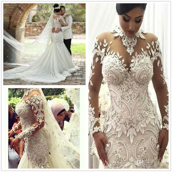 

azzaria haute sheer long sleeves wedding dresses 2018 illusion nigeria high neck appliqued beaded dubai arabic castle mermaid wedding gown, White