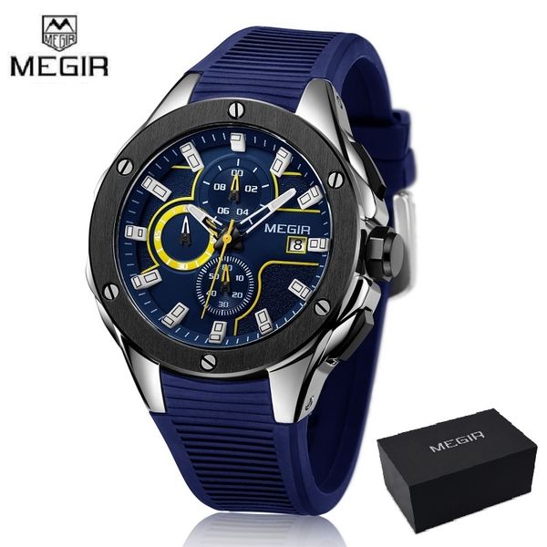 

megir men sport watch chronograph silicone strap quartz army watches clock men male relogio masculino, Slivery;brown