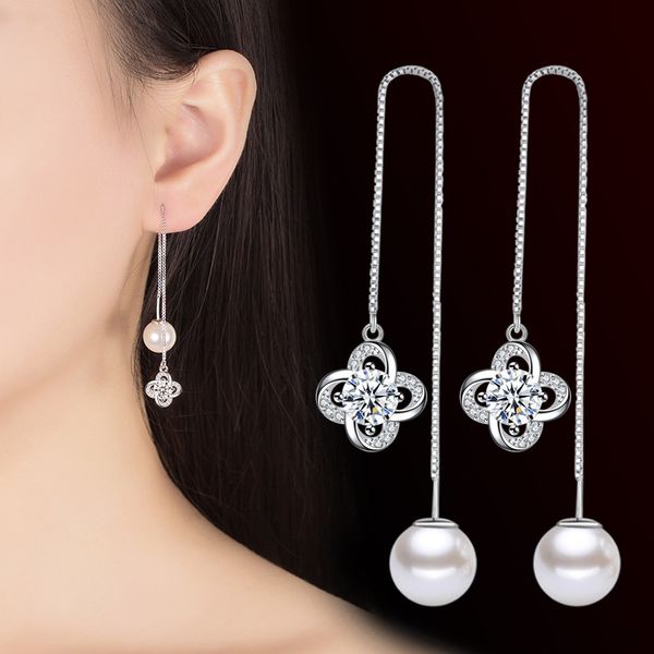 

pearl zircon 110mm drop earrings for women silver brincos ear line earing lucky leaf flower oorbellen earings jewelry wholesale