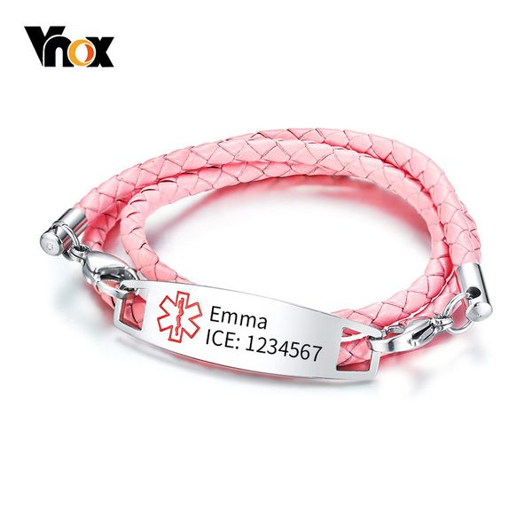 

vnox stainless steel id with multi-layer braided leather triple wrap medical alert bracelets for kids, Golden;silver