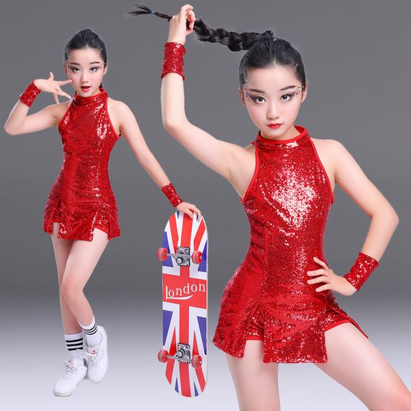 

girls sequined ballroom jazz hip hop dance wear costumes kid performance modern party show dancing clothing set outfits, Black;red