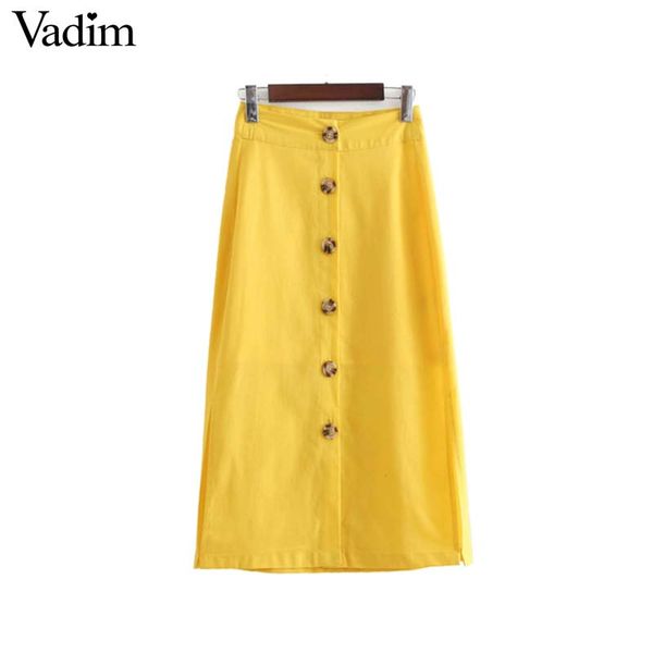 

vadim women eleyellow mid calf skirt button decorate side split faldas mujer ladies basic casual summer chic skirts ba043, Black