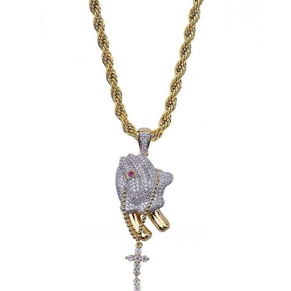 

hip hop necklaces for men yellow gold plated cz cubic cross praying hands pendant necklace with rope chain for men women, Silver