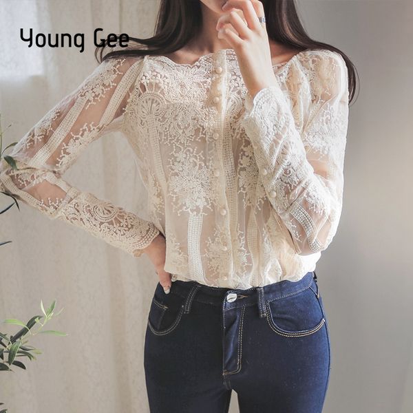 

young gee spring summer women slash floral embroidery blouses single breasted lace long sleeve organza shirts blusa, White