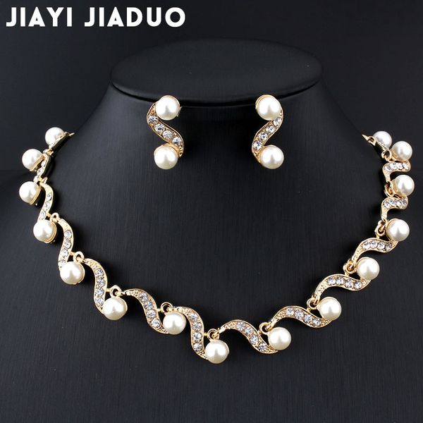 

whole salejiayijiaduo african bridal gold-color jewelry set imitation pearl for women necklace earring set wedding gift party dropshipping, Slivery;golden