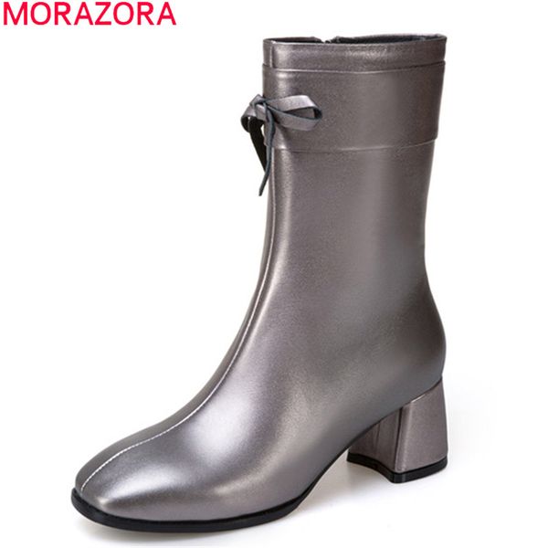 

morazora 2018 new arrival women's boots genuine leather square toe autumn winter boots bowknot fashion ankle for women, Black