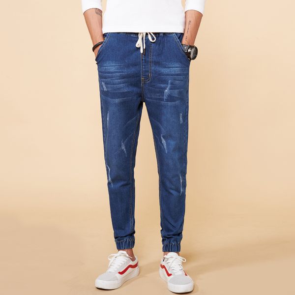 

high stretch skinny fit jeans men knee ripped distressed denim trousers 2018 new spring plus size -8xl casual denim harem pants, Blue