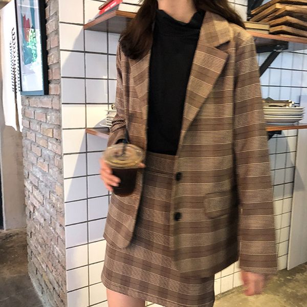 

sm 2colors two piece skirt suits women notched collar plaid blazer coat+ skirts women suitswork business sets (x923, White;black