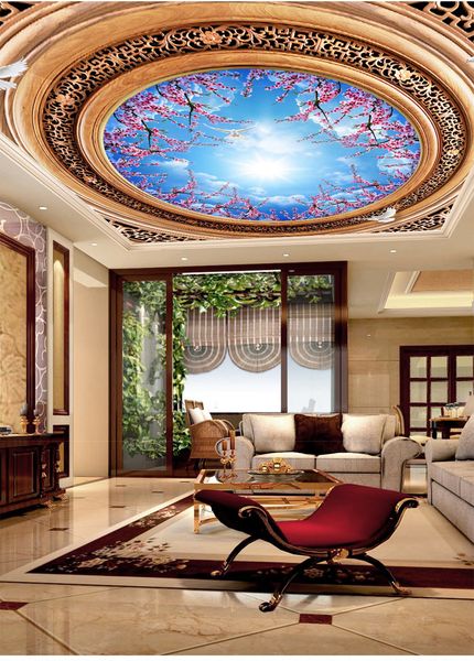 

custom retail 3d woodcarving openwork pattern cblossom blue sky zenith mural