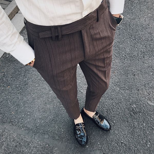 

spring new men's casual slim bound feet ankle-length trousers tide solid color stripe western-style suit pants male 28-34, White;black