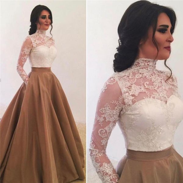 

High Neck Long Sleeves Lace Evening Dress 2018 Elegant Formal Dresses with Pockets Floor Length Sheer Neck Evening Gowns