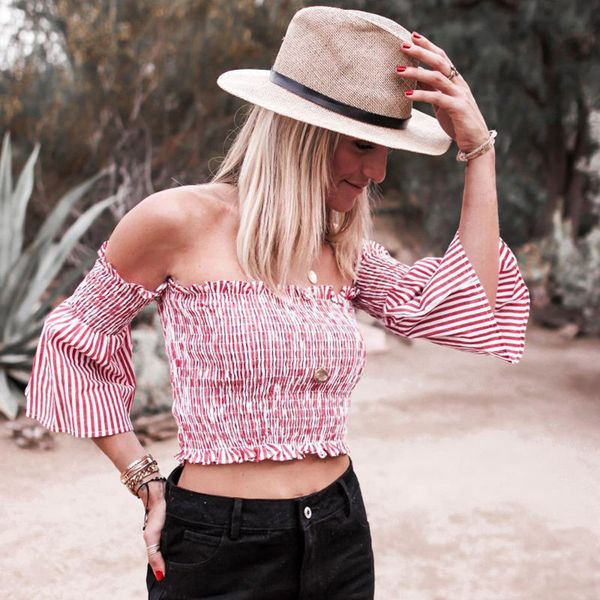 

season clearance tank streetwear striped 2018 summer lantern sleeve strapless beach ruched crop tank croptop, White