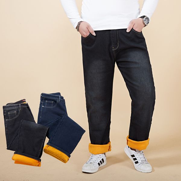 

2018 new winter warm men jean heavy weight slim straight jean casual thicken flannel fleece elasticity male 40 42 44 46 48, Blue