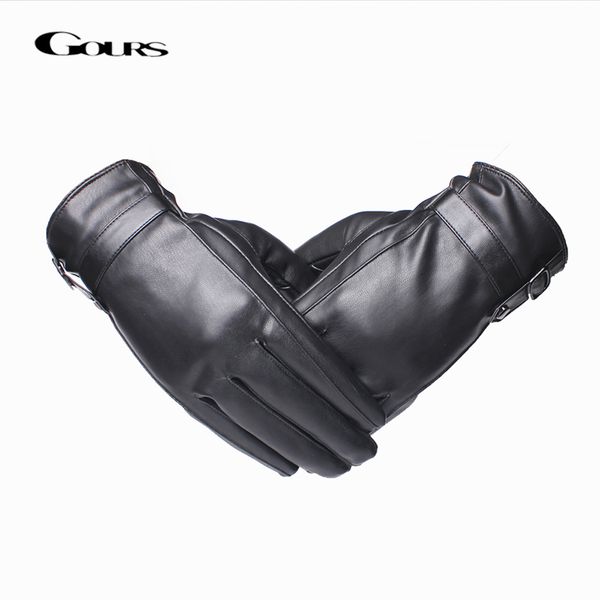 

gours leather gloves for men fashion brand male black touch screen pu leather finger gloves warm in winter new arrival gsm042, Blue;gray