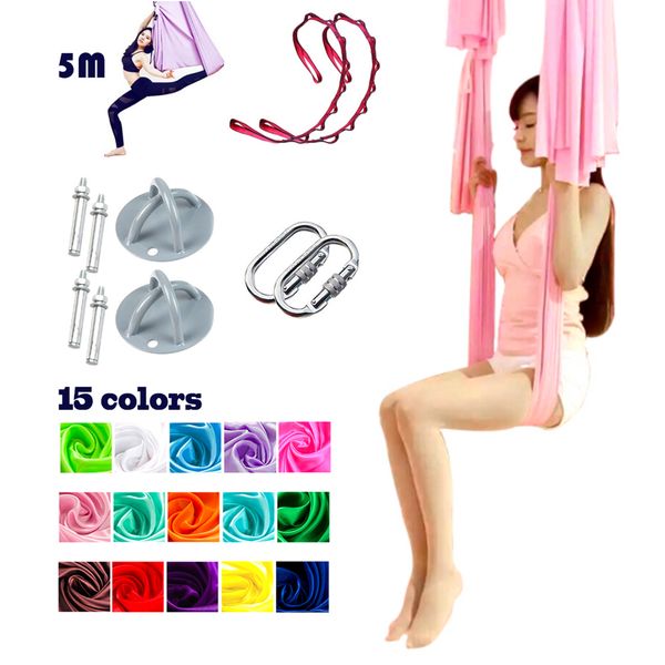 

15 colors 5m aerial flying anti-gravity yoga hammock swing yoga set body building fitness equipment rop - tax free