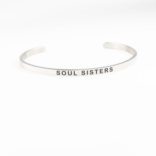 

4mm stainless steel hand imprint bangle silver engraved " soul sisters "inspirational cuff mantra bracelet for women jewelry, Black