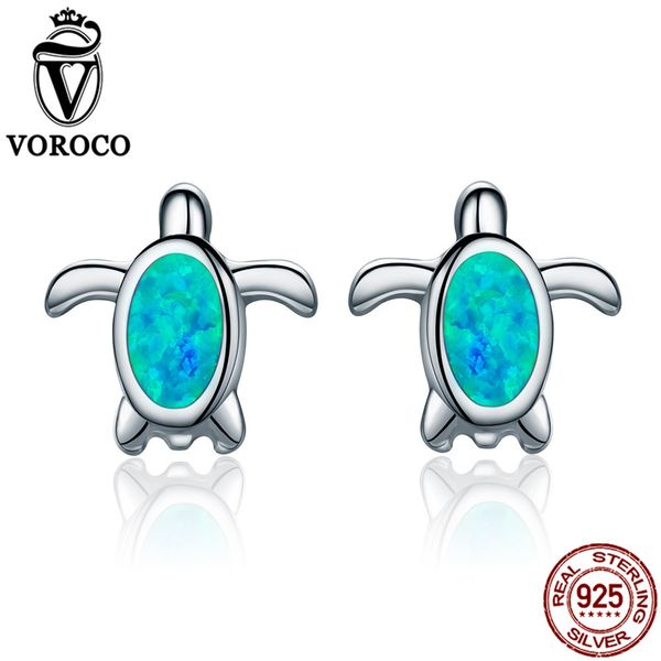 

voroco genuine 925 sterling silver natural blue file opal sea turtle stud earrings for women party gift fine jewelry vse064, Golden;silver