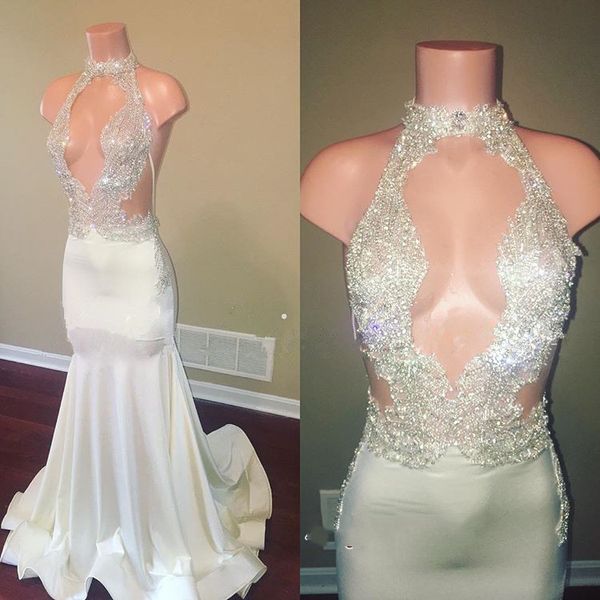 

advanced customization stunning prom dresses high neck front keyhole cutaway sides mermaid formal evening gown backless party dress, Black