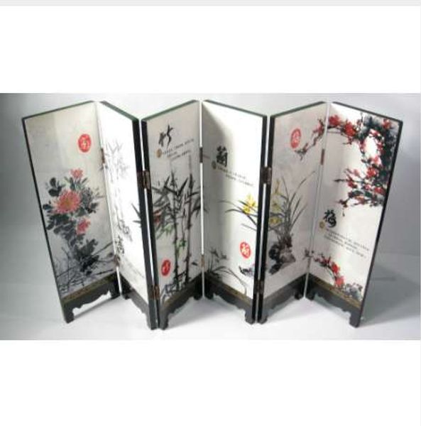 Pittura decorativa in lacca cinese da scrivania: Mei, paravento con orchidea, bambù e crisantemo