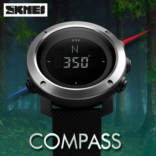 

skmei outdoor hiking sports compass watches waterproof countdown multifunction digital wrist watch stainless steel men's watches, Slivery;brown