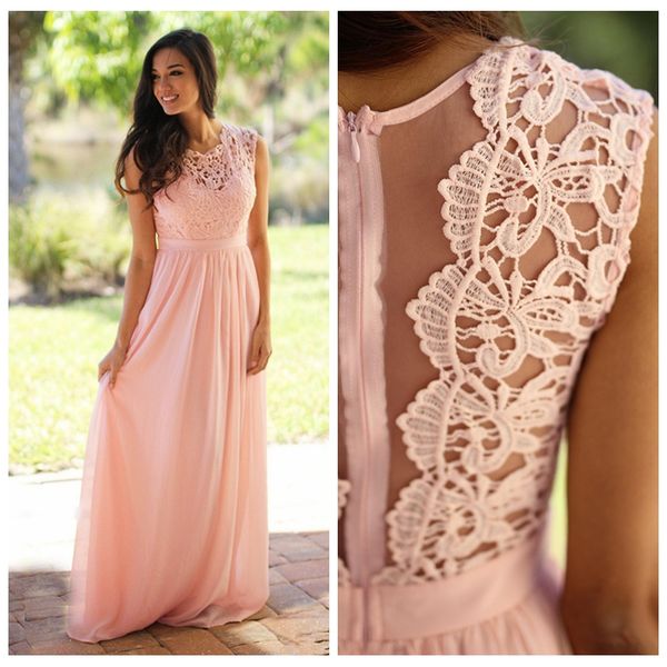 

2021 elegant lace bridesmaid dresses jewel sleeveless formal guest dress sheer back zipper chiffon formal maid of honor gown, White;pink