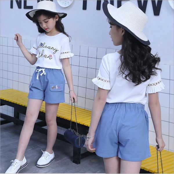 

2018 new children's summer set girls fashion letter flower short sleeve t-shirt shorts set kids baby comfort casual suit, White