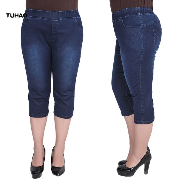 

tuhao plus size 9xl 8xl 7xl skinny capris jeans woman female stretch denim shorts jeans pants women high waist summer jean yh39, Blue