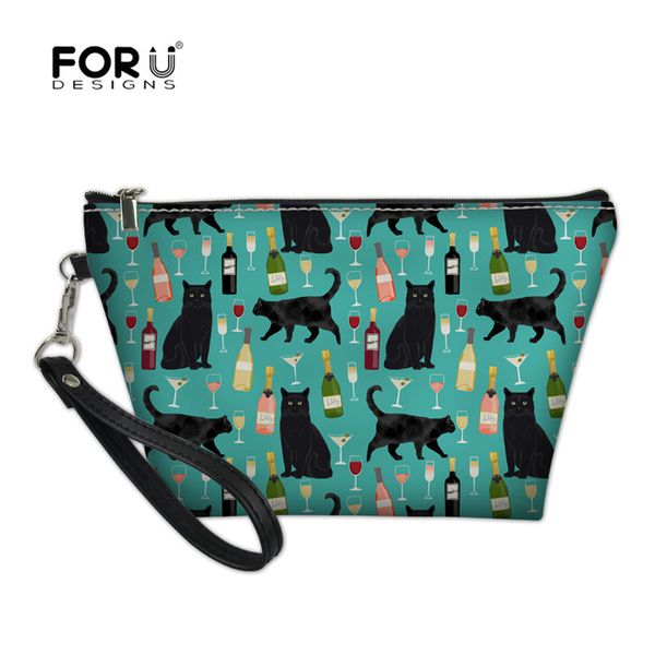 

forudesigns black cat wine printed cosmetic bag for women casual portable storage organizer pouch makeup bags small toiletry kit