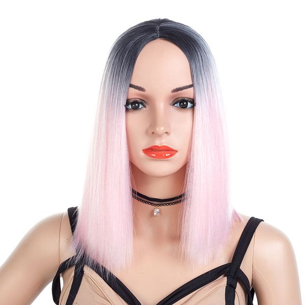 

women short synthetic straight ombre pink hair side bang chemical headgear dyed partial fiber heat resistant wig, Black