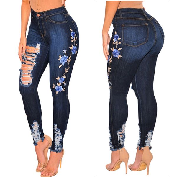 

2018 модные узкие джинсы сексуальные брюки карандаш эластичные талии джинсы рваные женские дамы джинсы брюки бесплатная доставка, Blue