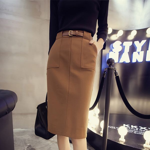 

office lady slim high waist woolen pencil female knee length winter autumn grey brown midi pencil skirt femininas saias 001, Black