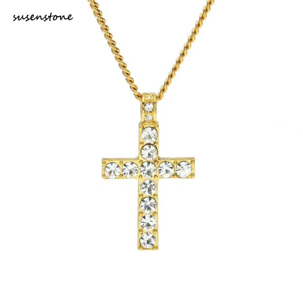 

susenstone gold silver stainless steel bling rhinestone crystal cross pendant necklace women hip hop 60cm link chain chokers