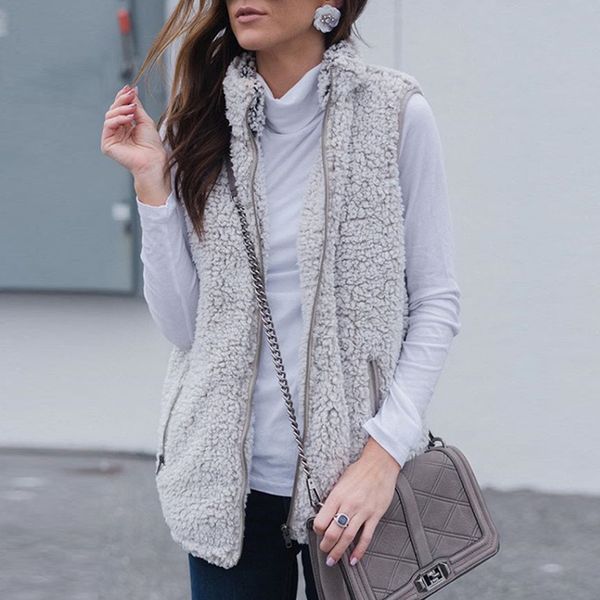 

women's casual solid color sleeveless faux fur cardigan jacket coat autumn winter outwear clothes ws9979v, Black;brown