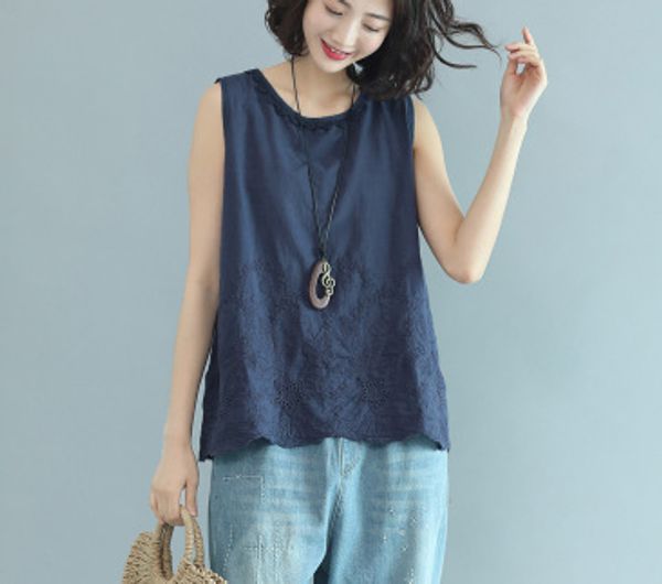 

summer vest women retro cute slim-type slim-type o-neck sleeveless new embroidery mori girl vest ladies casual, White