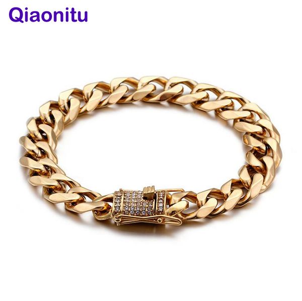 

punk rock hip hop cuban bracelet iced out rhinestone stainless steel link bracelet gold silver curb biker for men women, Black