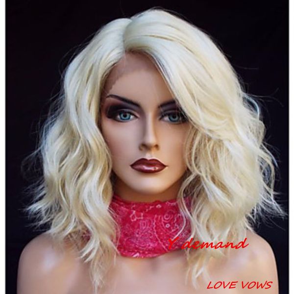 

synthetic lace front wig blonde color 613 # natural wave curly wig bob wigs 150% density brazilian virgin hair glueless, Black