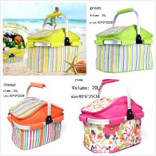 

20l thicken picnic bag wear resistant stripe keep fresh heat preservation basket waterproof folding car cooler bags for outdoor 3 colors