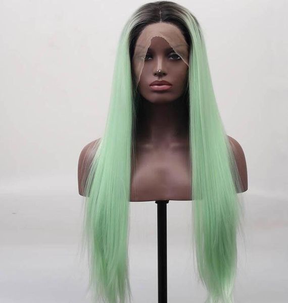 Green Ombre Lace Front Wig Ombre Dark Root Heat Resistant Fiber