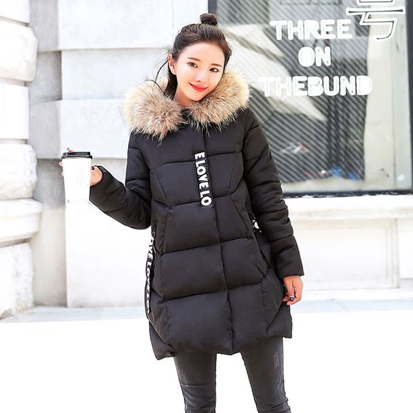 

2018 women winter coat warm hooded long coat thick fur collar cotton parka slim jacket for ladies down outwear, Black