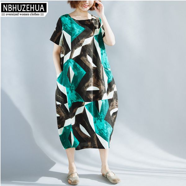 

nbhuzehua t963 women's summer dress 2018 big size cotton linen dress vintage geometry print beach plus size 4xl 5xl, White;black