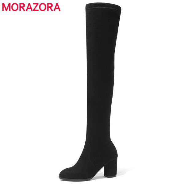 

morazora 2018 women boots shoes stretch flock leather high heels thigh high boots autumn winter ladies over the knee, Black