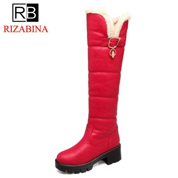 

rizabina size 34-43 women high heel boots round toe square heels warm knee boots fashion concise winter shoes women footwear, Black
