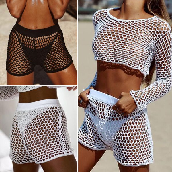 

women white black long sleeves cover up hollow out swimsuit crochet beach fishnet sun-protection clothing two pieces crop pants