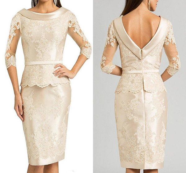 

champagne lace short mother of the bride dresses 2019 backless 3/4 long sleeve sheath vintage wedding guest dresses formal evening wear m97, Black;red