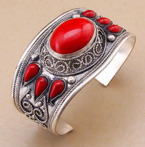 

charm red coral stone cuff bracelet bead tibet silver flower ^^ @ ^ gp delivery new&gt; bride jewelry ing, Black