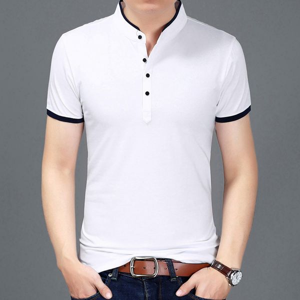 

Spandex Solid Summer New Fashion Brand Clothing Tshirt Men Solid Color Slim Fit Short Sleeve T Shirt Men Mandarin Collar Casual T-Shirts