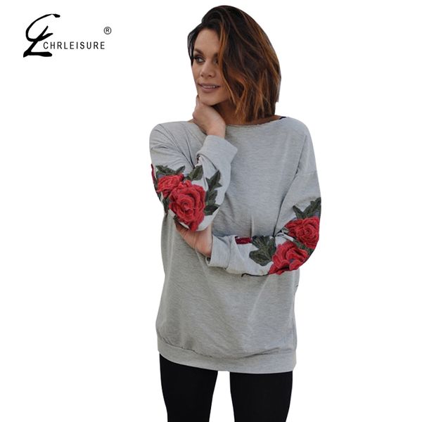 

chrleisure women embroidery sweatshirt spring autumn long sleeve sweatshirts female pullover women casual s-xl 2 colors, Black
