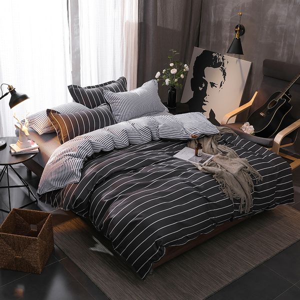 

simple stripes bedding set boy students gray duvet cover set twin full  king size active printing 3/4pcs fashion bedclothes