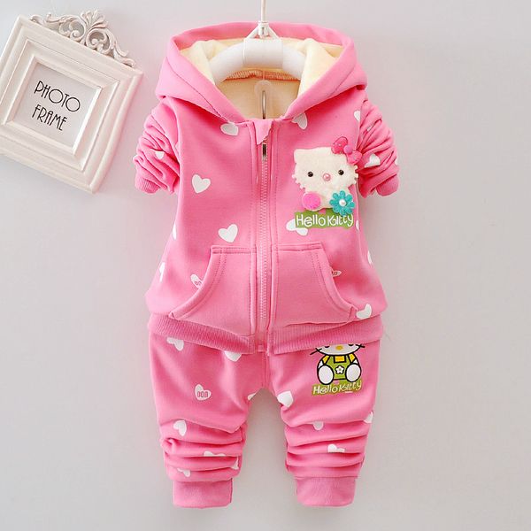 

hello kitty winter baby girls clothing sets warm velvet thicken hooded jacket sweatshirts + print pants 2pcs baby girl clothes, White