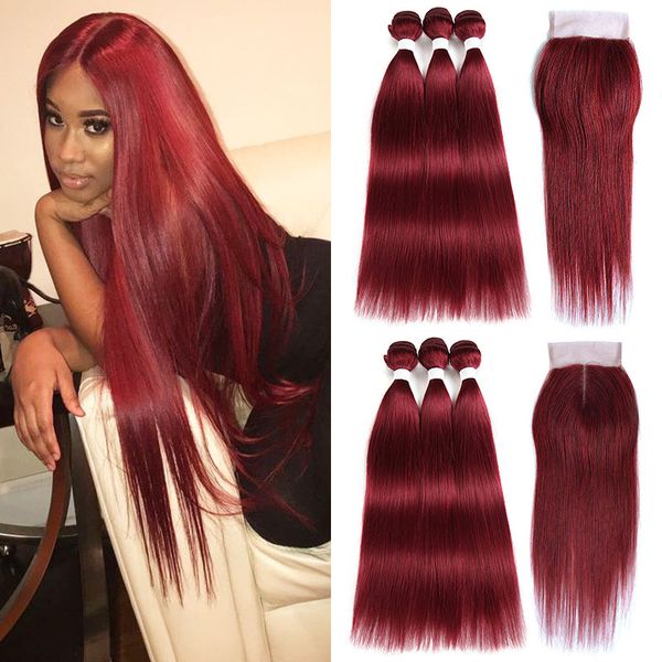 

burgundy red wholesale brazilian human hair bundles with closure pre-colored straight burgundy hair weaves colored hair extensions, Black;brown